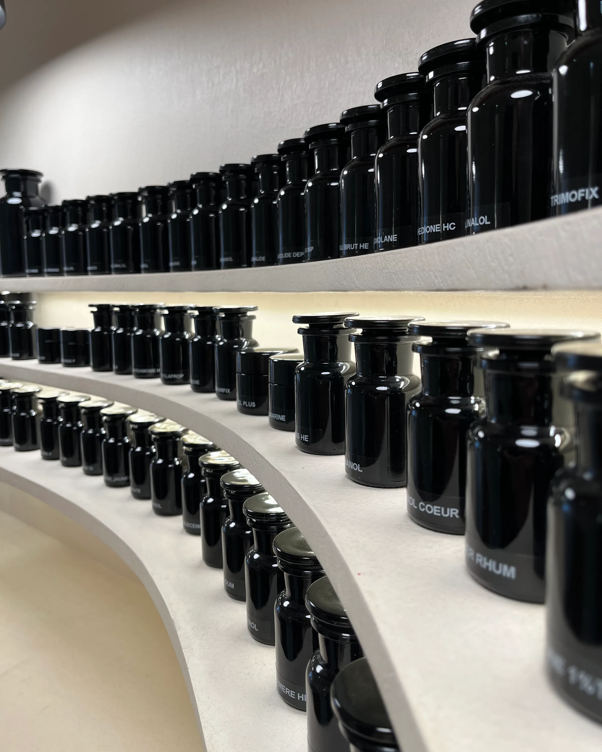 A perfumer’s organ: the black bottles of the raw materials, ranged along curved shelves.
